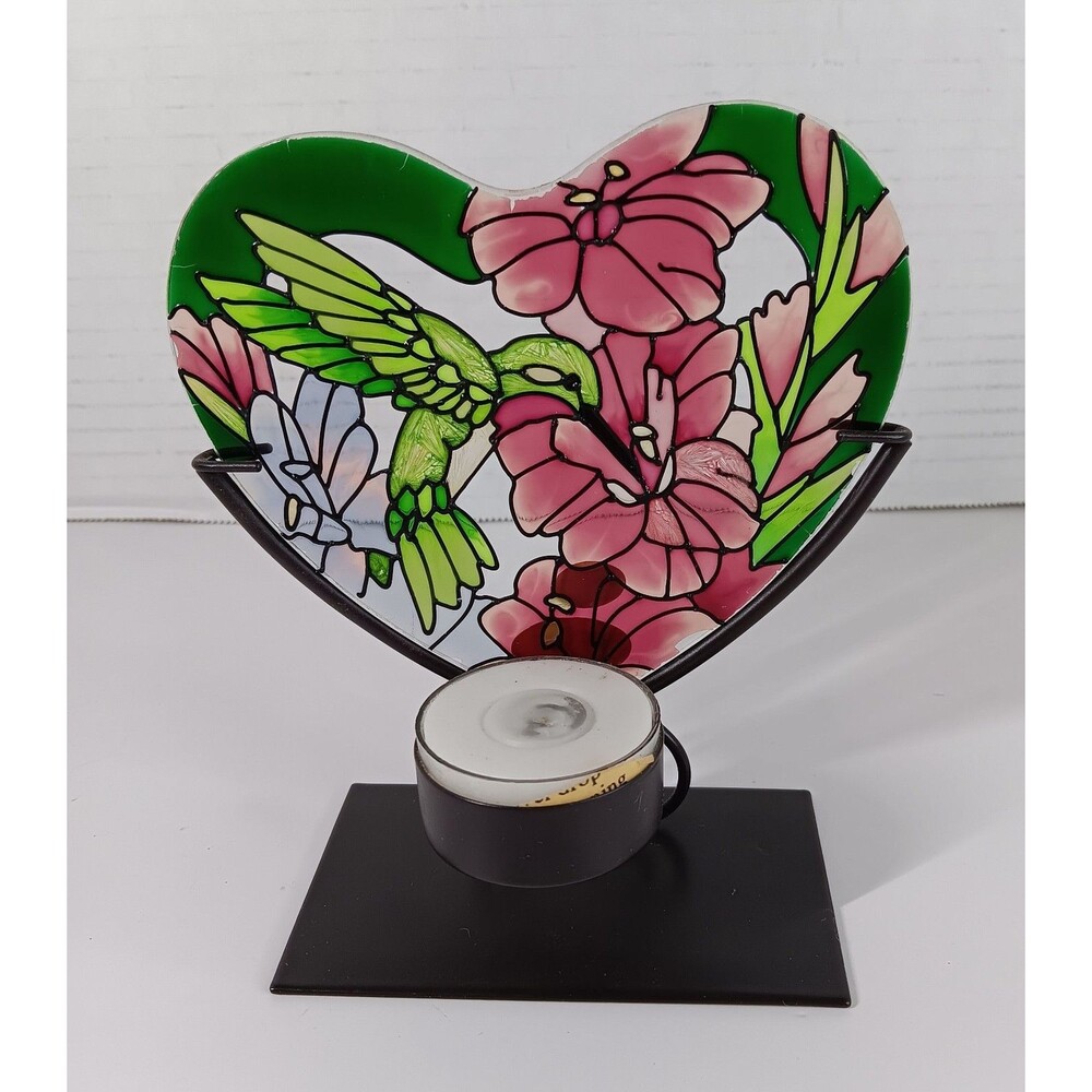 Joan Baker Designs Stained Glass Candle Holder Humming Bird Heart Handpainted